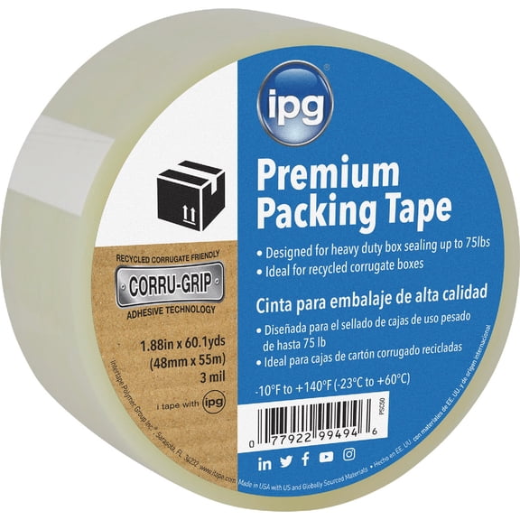 IPG PSC50 Premium Packing Tape, 1.88" x 60 yd, Clear Single Roll