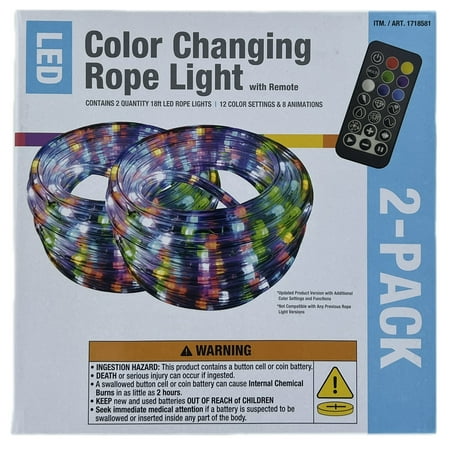 Intertek LED Color Changing Rope Light with Remote, 18 Foot (Pack of 2)