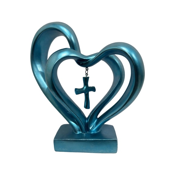Intertwined Heart Cross Sculpture Resin Decor, Christian Wedding Tabletop Figurine with Hanging Cross, Faith Inspired Love Heart Statue for Home Church Wedding Anniversary Religious Decoration
