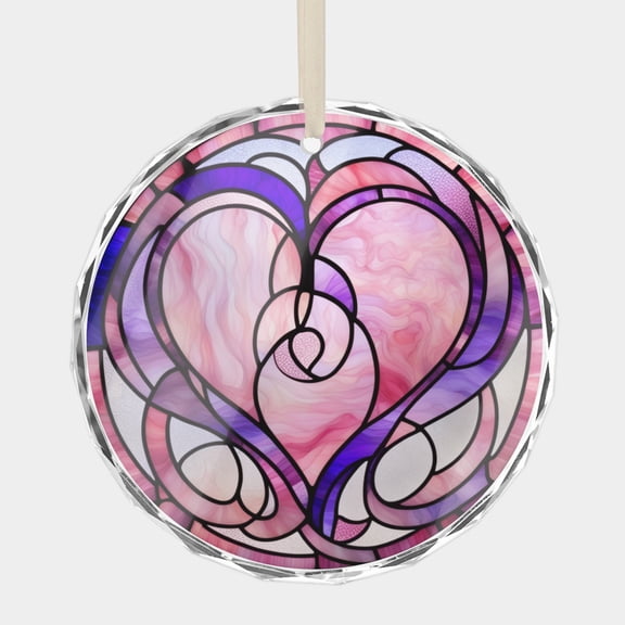 Intertwined Heart Pink Purple Romantic Lovers New Couple Anniversary Hearts Crystal Glass Christmas Ornament, 3 Beveled-Edge Disc (0.23 Thick,) with Stained Glass Style Printed Design Holiday Gift