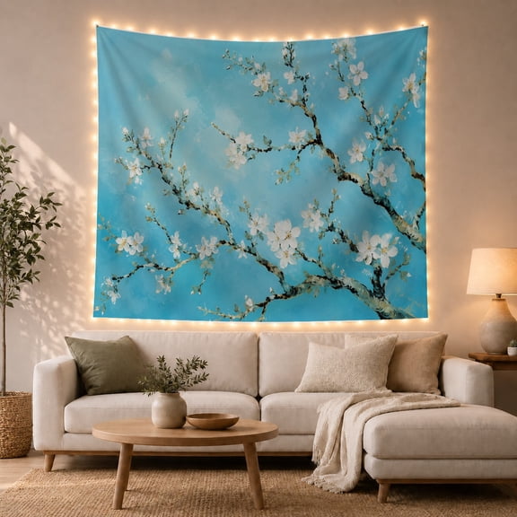 Interwoven Almond Branches Across Bright Blue Sky, Serene Maximalist for Flower Lovers, Botanical Wall Art, Housewarming Gift, Tapestry Wall Hanging for Bedroom and Living Room