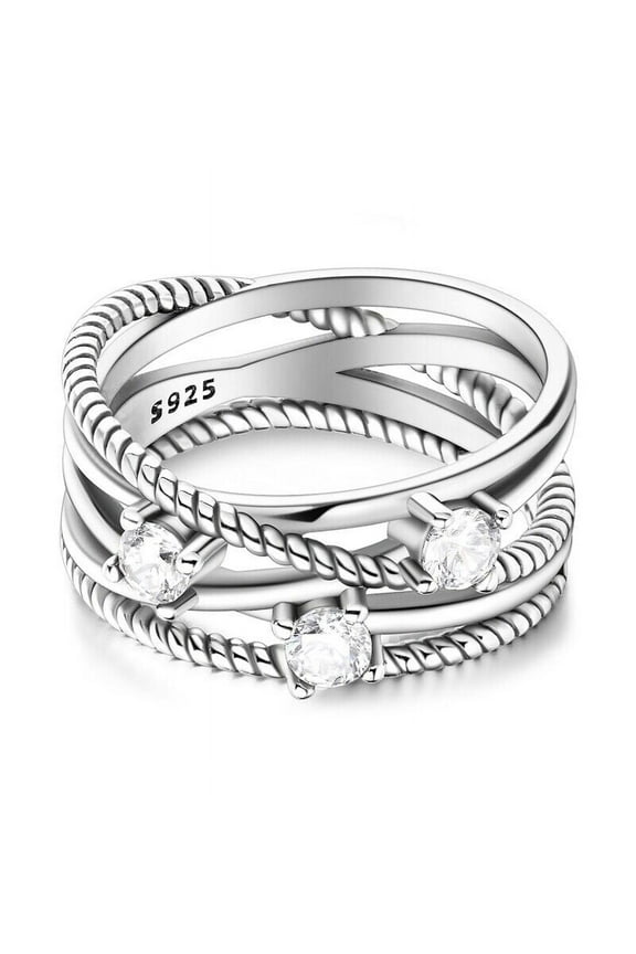 Interwoven Row Three Stone Diamond Ring 2.1 Ct Diamond 14K White Gold Over