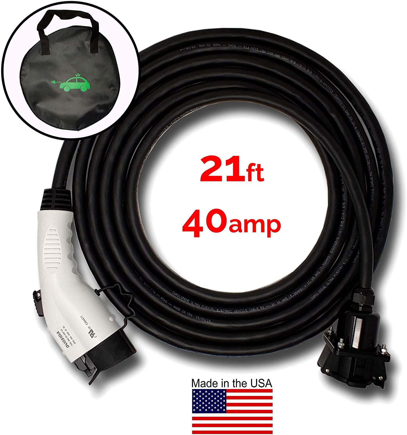 Inteset 21ft 40amp J1772 EV Extension Cord, Made in USA - for Electric  Vehicle Charging Stations, Carrying Bag, Ultra-Flex Cable, UL Listed Parts  