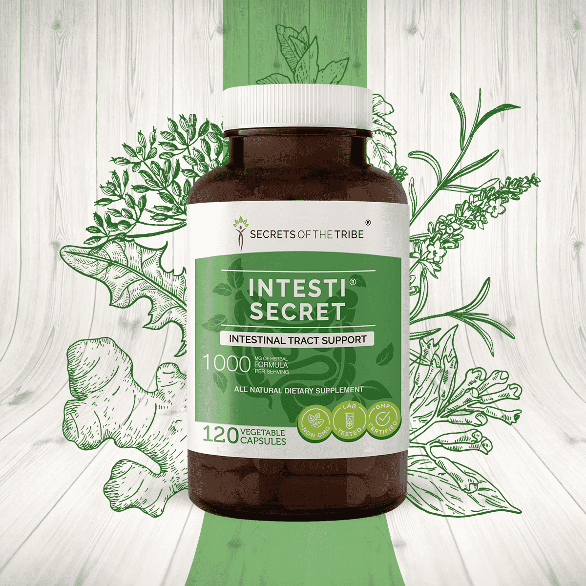 Secrets of the Tribe Intesti Secret Capsules Dietary Supplement, Natural Herb Blend, Made from Peppermint, Dandelion, Cloves, Ginger, Fennel Seed, Lavender 120 Count