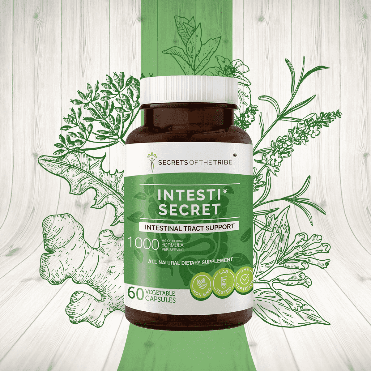 Secrets of the Tribe Intesti Secret Capsules Dietary Supplement, Natural Herb Blend, Made from Peppermint, Dandelion, Cloves, Ginger, Fennel Seed, Lavender 60 Count