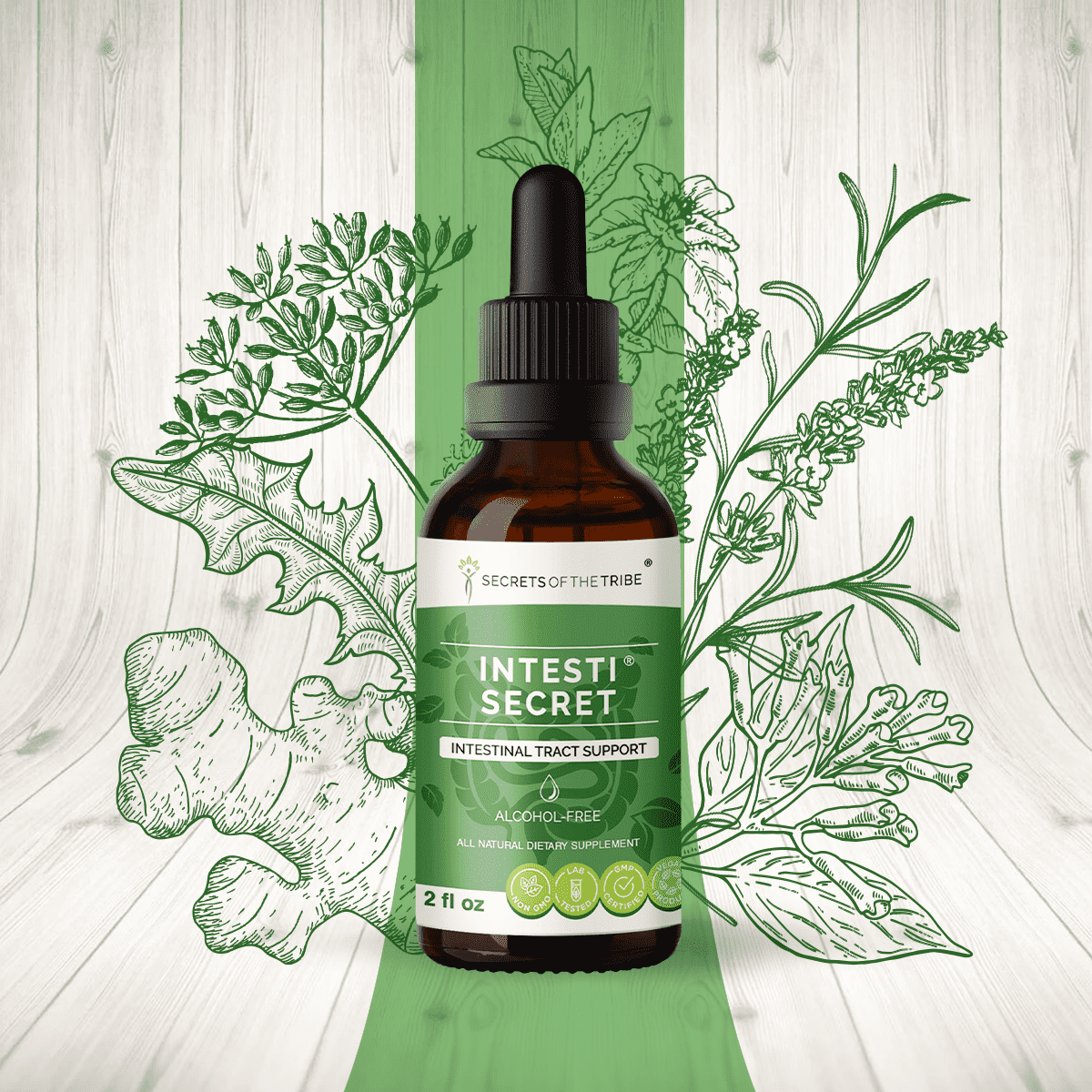 Secrets Of The Tribe Intesti Secret Blend Tincture Dietary Supplement, Natural Extract, Made from Peppermint, Dandelion, Cloves, Ginger, Fennel Seed, Lavender 2 oz
