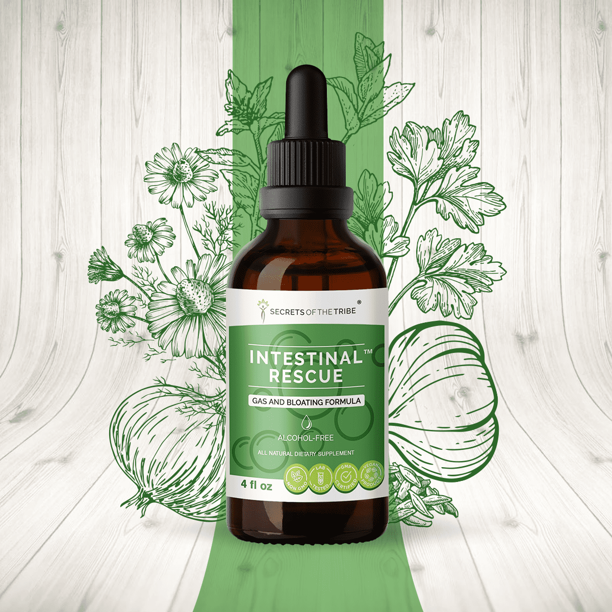 Secrets Of The Tribe Intestinal Rescue Blend Tincture Dietary Supplement, Natural Extract, Made from Parsley, Chamomile, Caraway, Garlic, Onion, Peppermint 4 oz
