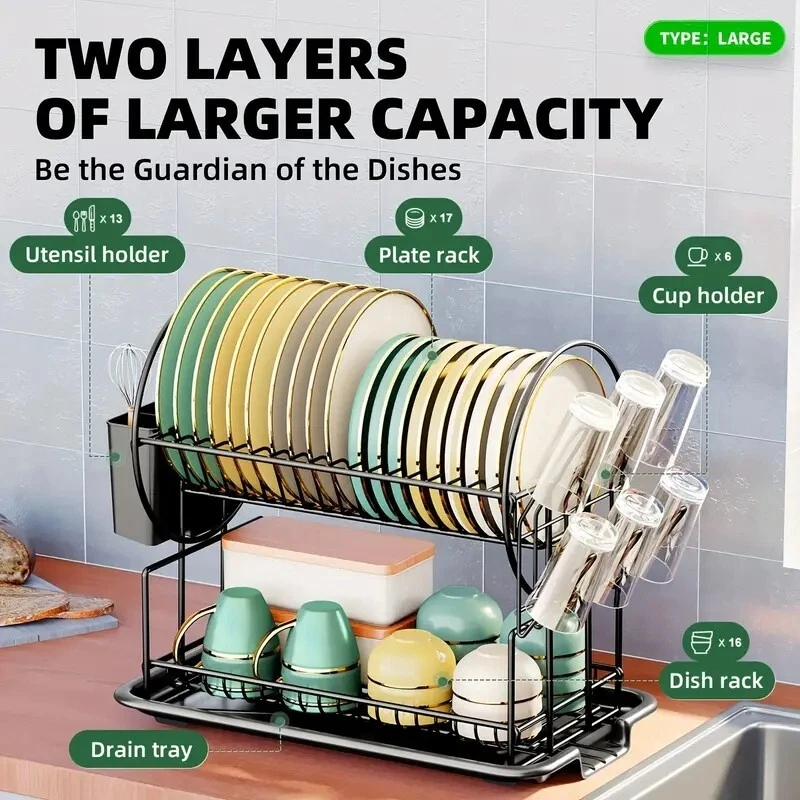 Intetein 2 Tier Kitchen Sink Dish Drainer Rack With Drip Tray Cutlery ...