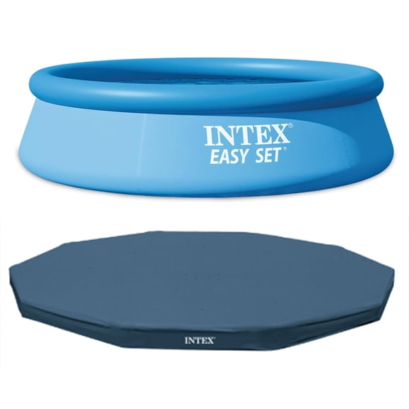 Intex 10ft Round Swimming Pool Cover & Easy Set 10ft x 30in Inflatable Pool