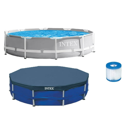 Intex 10ft x 10ft x 30in Pool w/ 10 Foot Round Pool Cover and Filter Cartridge