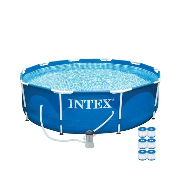 Intex 10ft x 30in Metal Frame Above Ground Pool Set & 6 Type H Filter Cartridges