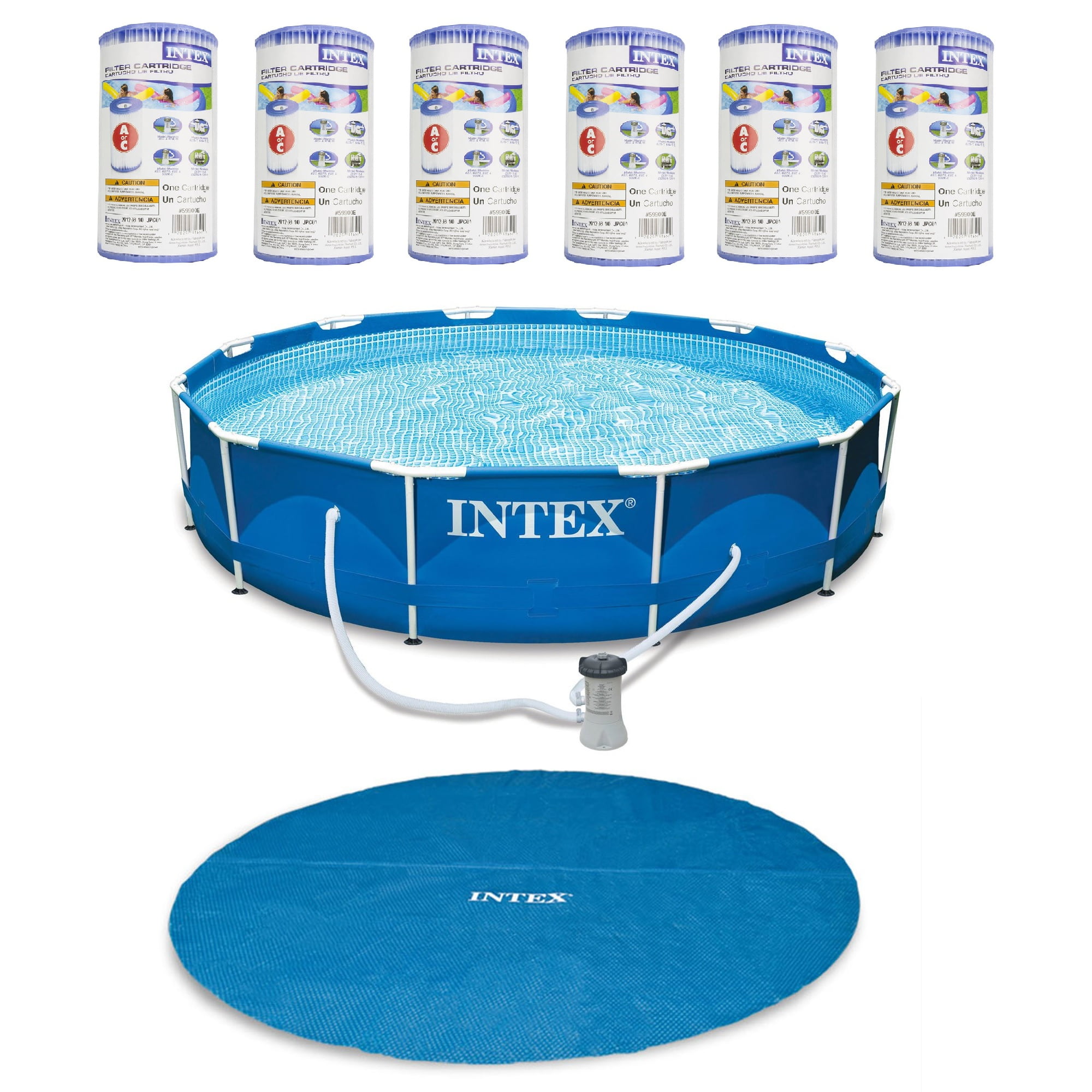 Intex 12' Pool Cover w/ 12 x 2.5 Ft Metal Frame Pool w/ Intex Filters