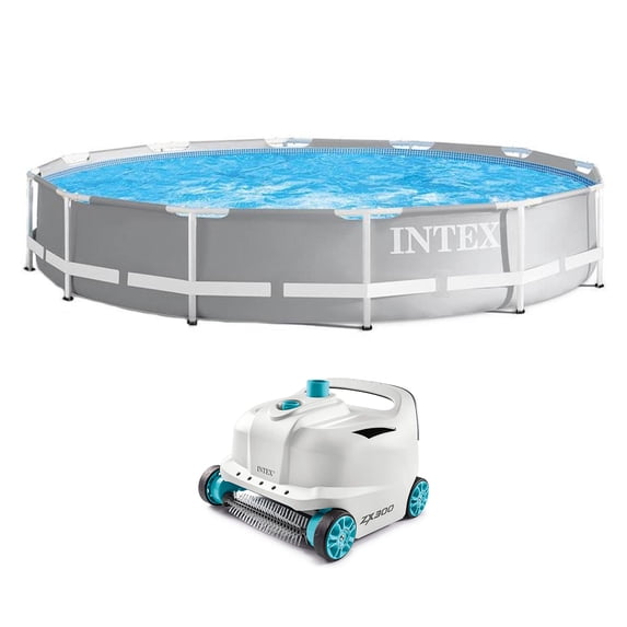 Intex 12 ft x 30 in Gray Frame Above Ground Swimming Pool and Robot Vacuum