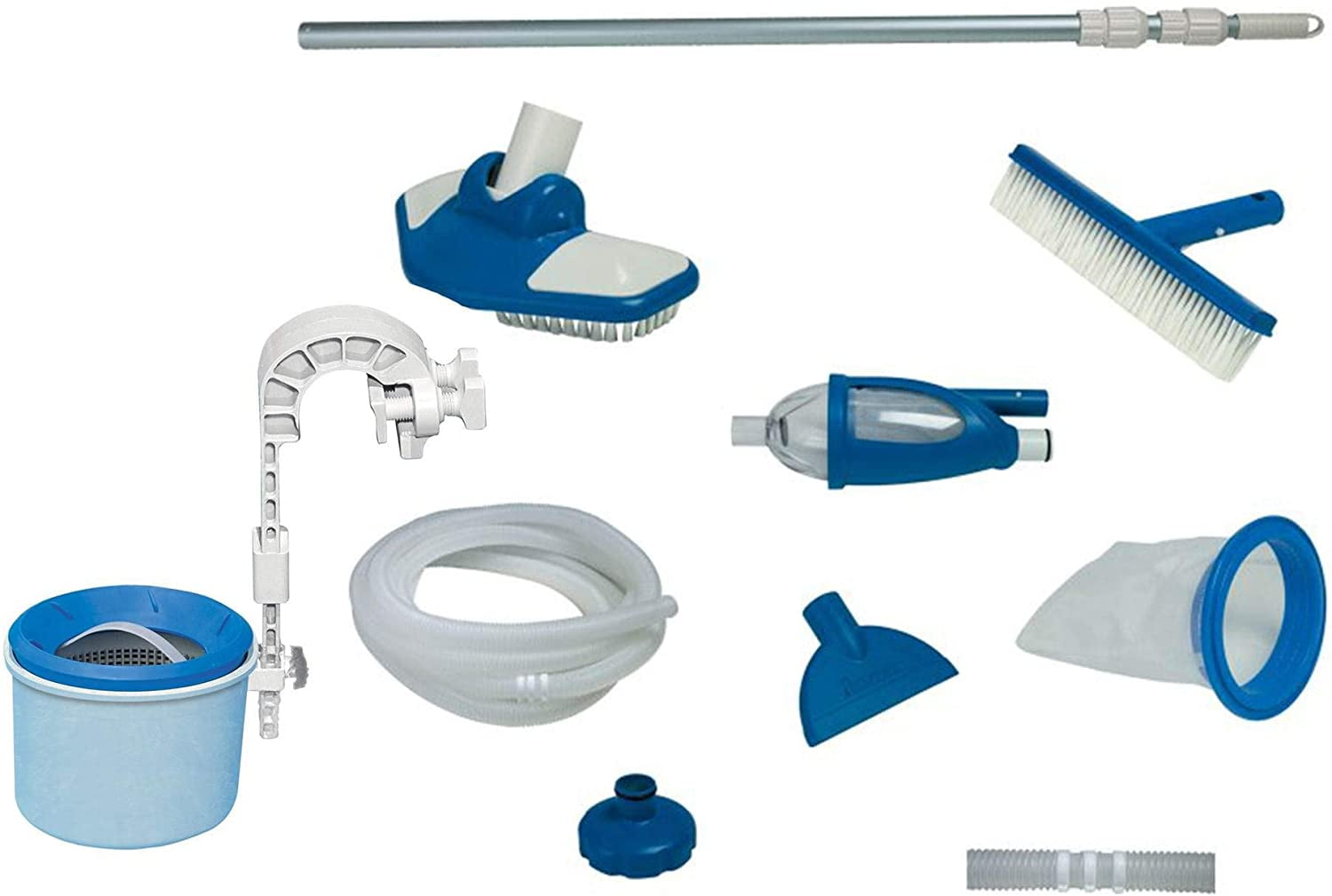 Deluxe Blue and White Pool Cleaning Kit with Telescopic Aluminum Pole