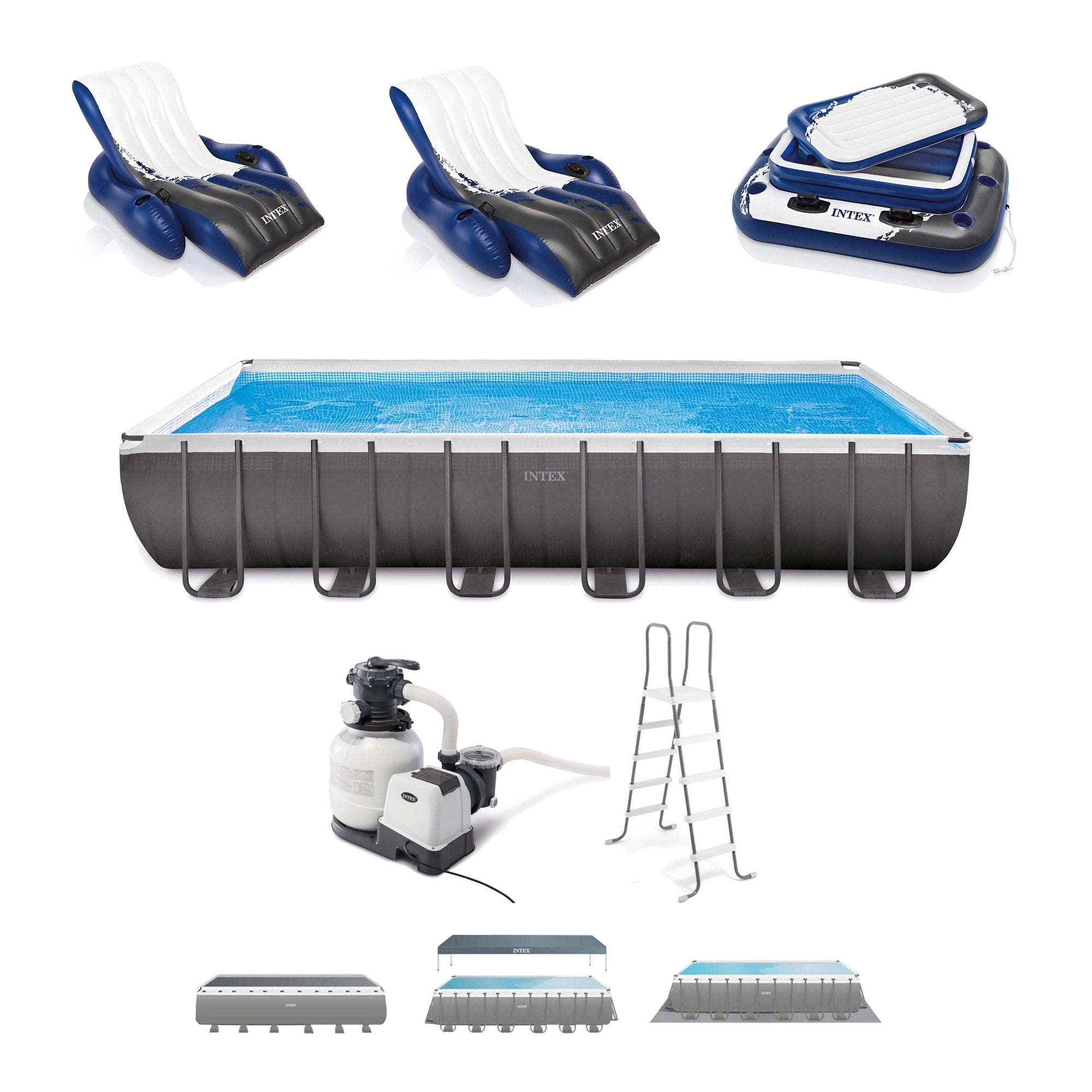 Intex 24ft Gray Rectangular Above Ground Pool Set with Pump and Floats