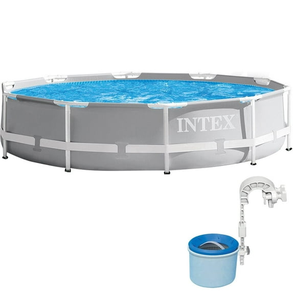 Intex 26701EH Prism Frame Pool Set with Filter Pump 10ft x 30in Bundle with Intex Deluxe Wall Mount Surface Pool Skimmer
