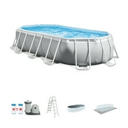 Intex 26795EH Prism Frame 16.5ft x 9ft x 48in Outdoor Above Ground Oval Pool Set with Pump, Cover and Ladder, Gray