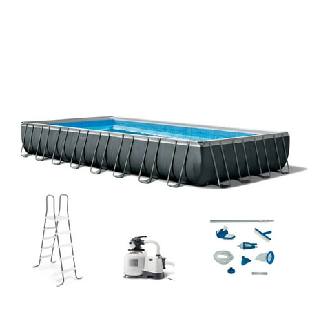 Intex Ultra XTR Heavy Duty Rectangular Above Ground Swimming Pool with Complete Set of Maintenance Kit, Ladder, and Sand Filter Pump, Gray