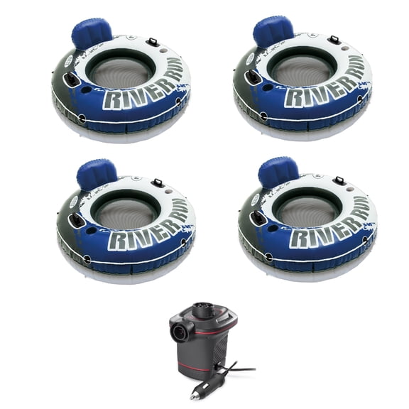Intex 4 Pack of River Run 1 Person Floating Tubes and Single 12V Air Pump