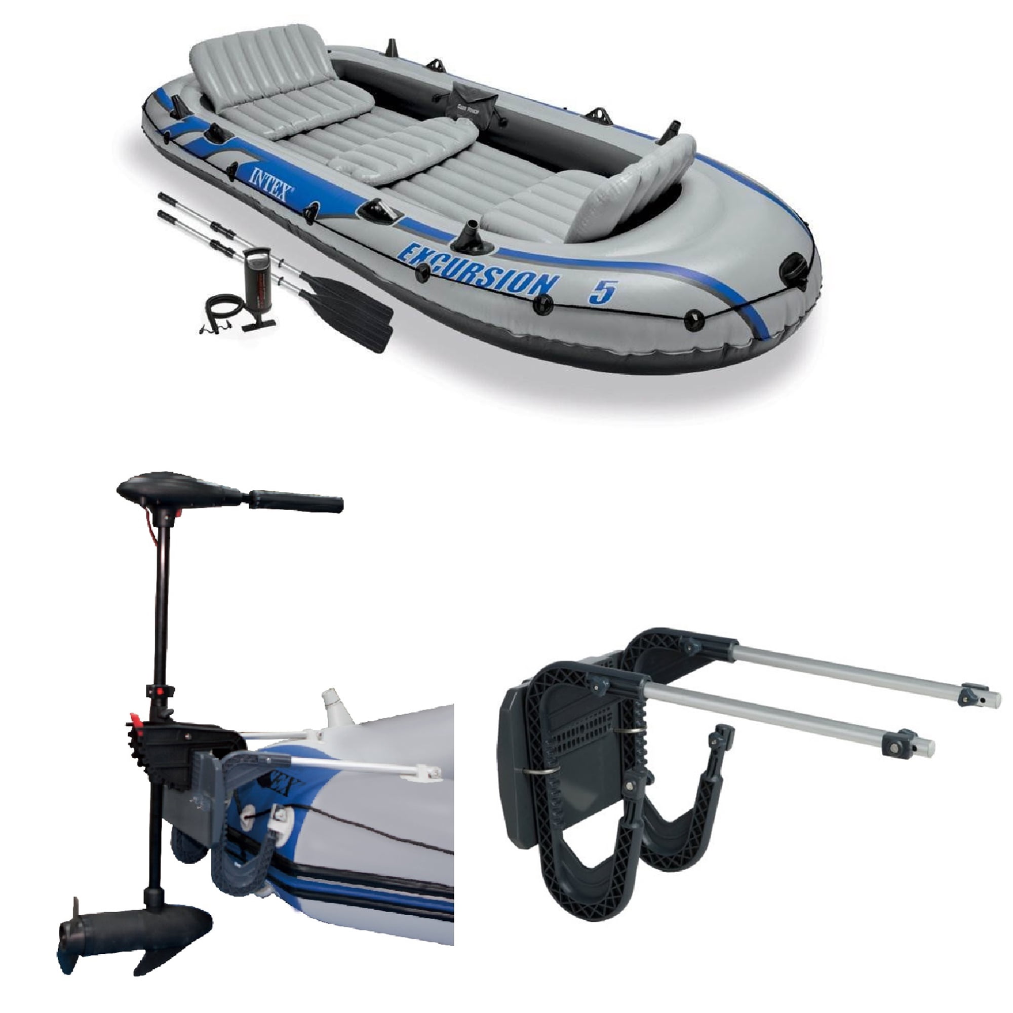 Intex 5 Person Inflatable Boat Set, Trolling Motor, & Boat Motor Mount Kit