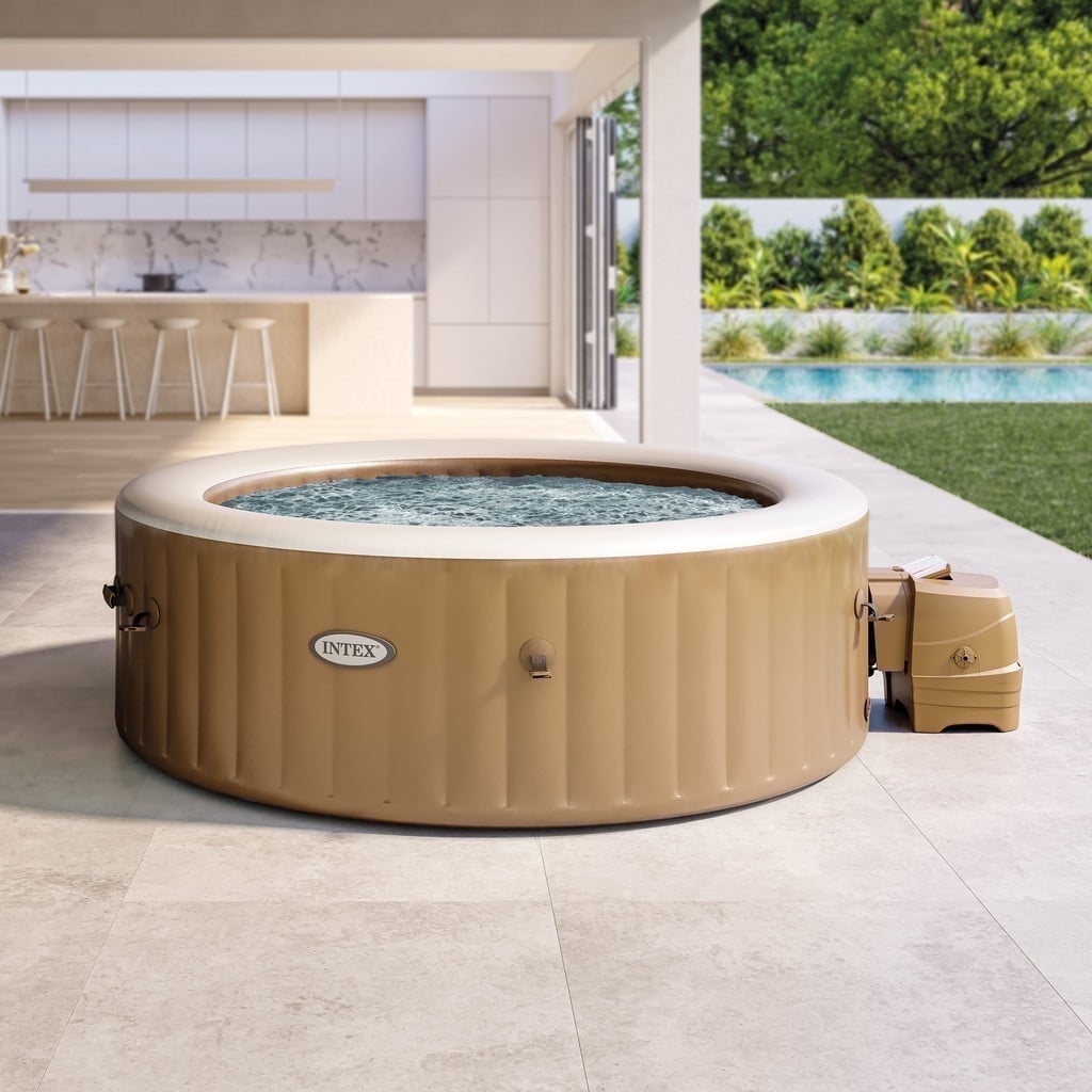 Intex: PureSpa: Sahara Tan Inflatable Hot Tub Set - 6 Person - 85" Round Outdoor Heated Bubble Spa, Jet Massage, Cover, Hard Water Treatment System
