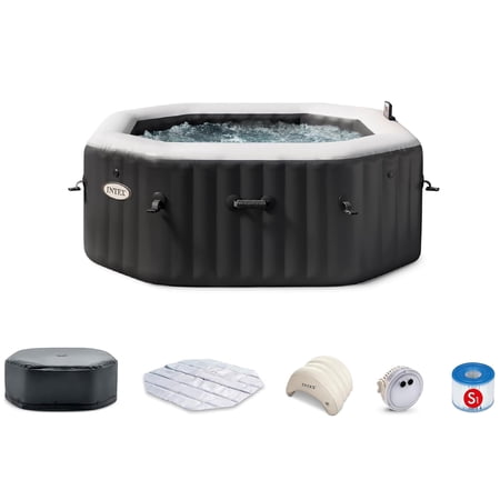 Intex: PureSpa Bubble Deluxe Spa Set - 4 Person, Black Onyx - 63 x 28" Inflatable Octagon Saltwater Hot Tub, 120 Jets, Energy Efficient Cover, 28457EP