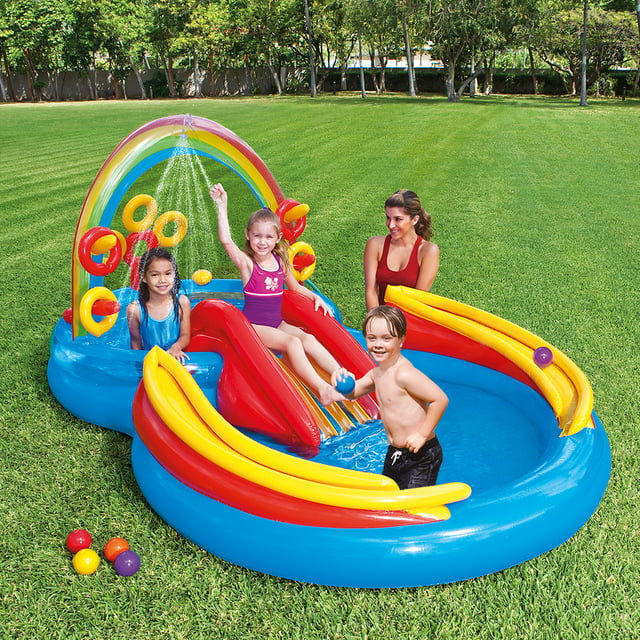 Intex 9.75ft x 6.3ft x 53in Rainbow Ring Slide Kids Inflatable Pool (For Parts)