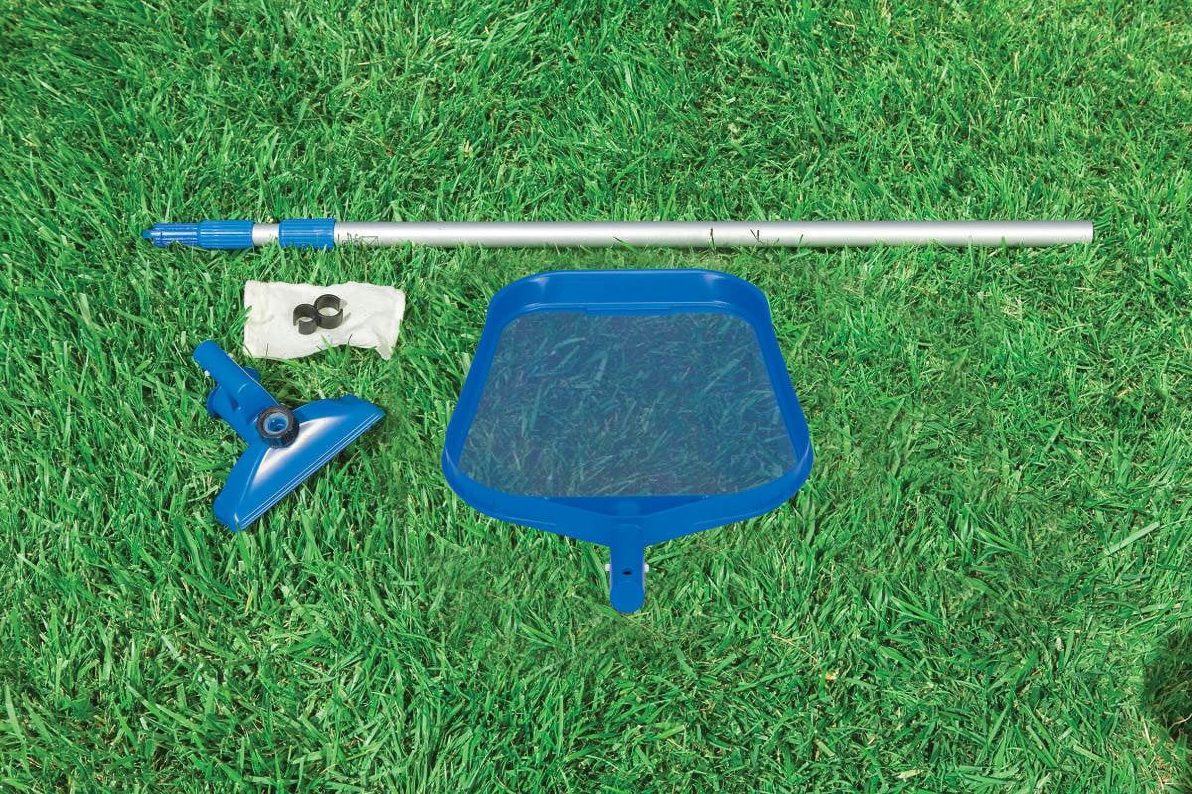 Blue and Silver Aluminum Pool Cleaning Kit with Vacuum and Skimmer