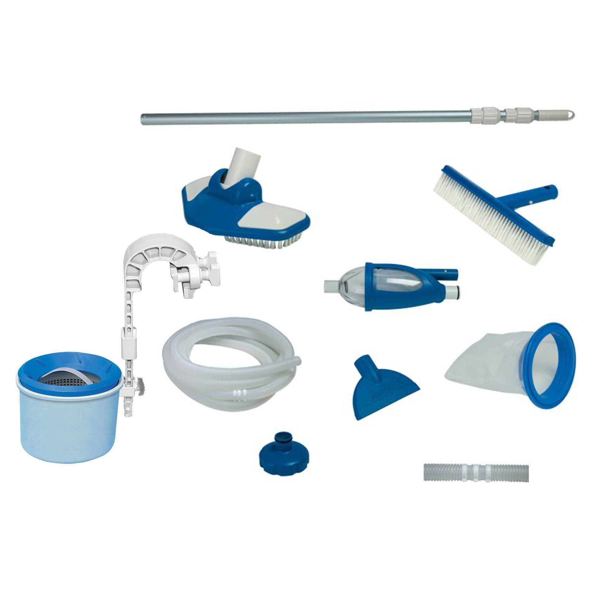 Deluxe Blue and White Pool Cleaning Kit with Telescopic Aluminum Pole