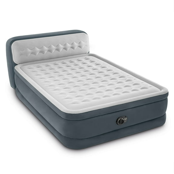 Intex: Dura-Beam Deluxe: Ultra Plush Headboard Airbed - Queen - Gray, 18" Inflatable Mattress, Built-In Pump, Fiber-Tech, Carry Bag, 600lb Cap 64447ED