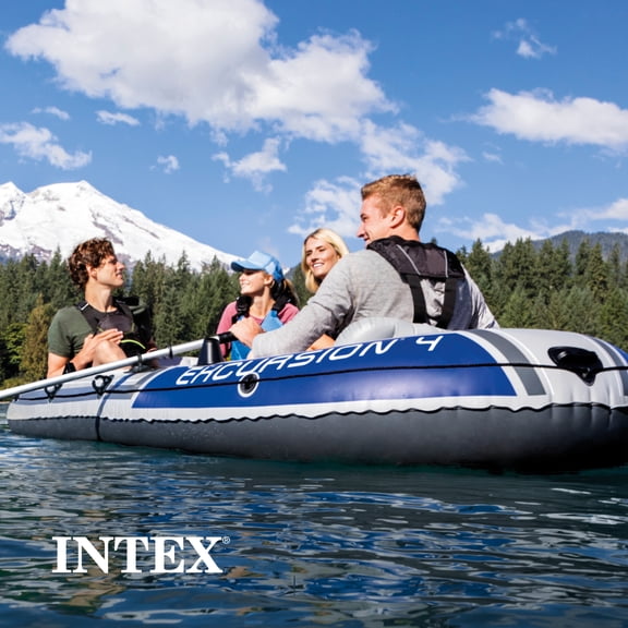 Open Box Intex Excursion 4 Inflatable Raft/Fishing Boat Set With 2 Oars (2pk)