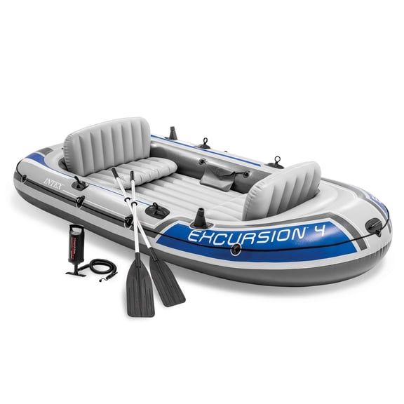 Intex Excursion 4 Person Inflatable Rafting and Fishing Boat Set with 2 Oars