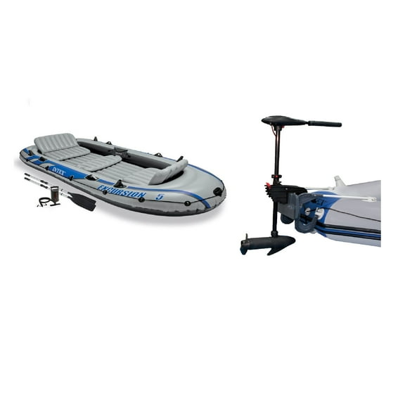 Intex Excursion 5 Inflatable Boat Set w/Transom Mount Trolling Motor