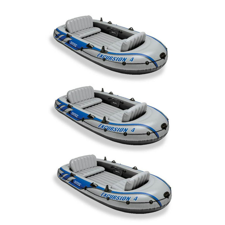 Intex Excursion Inflatable Rafting Fishing 4 Person Boat w/ Oars & Pump (3  Pack)