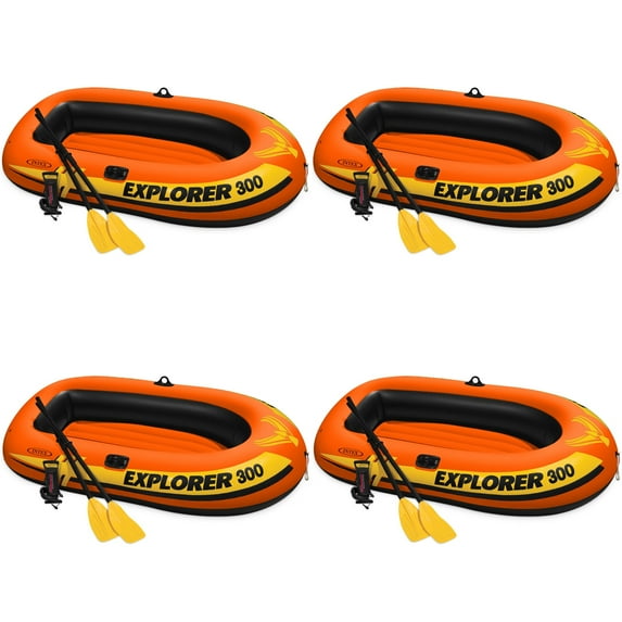 Intex Explorer 300 Compact Inflatable 3 Person Raft Boat w/ Pump & Oars (4 Pack)