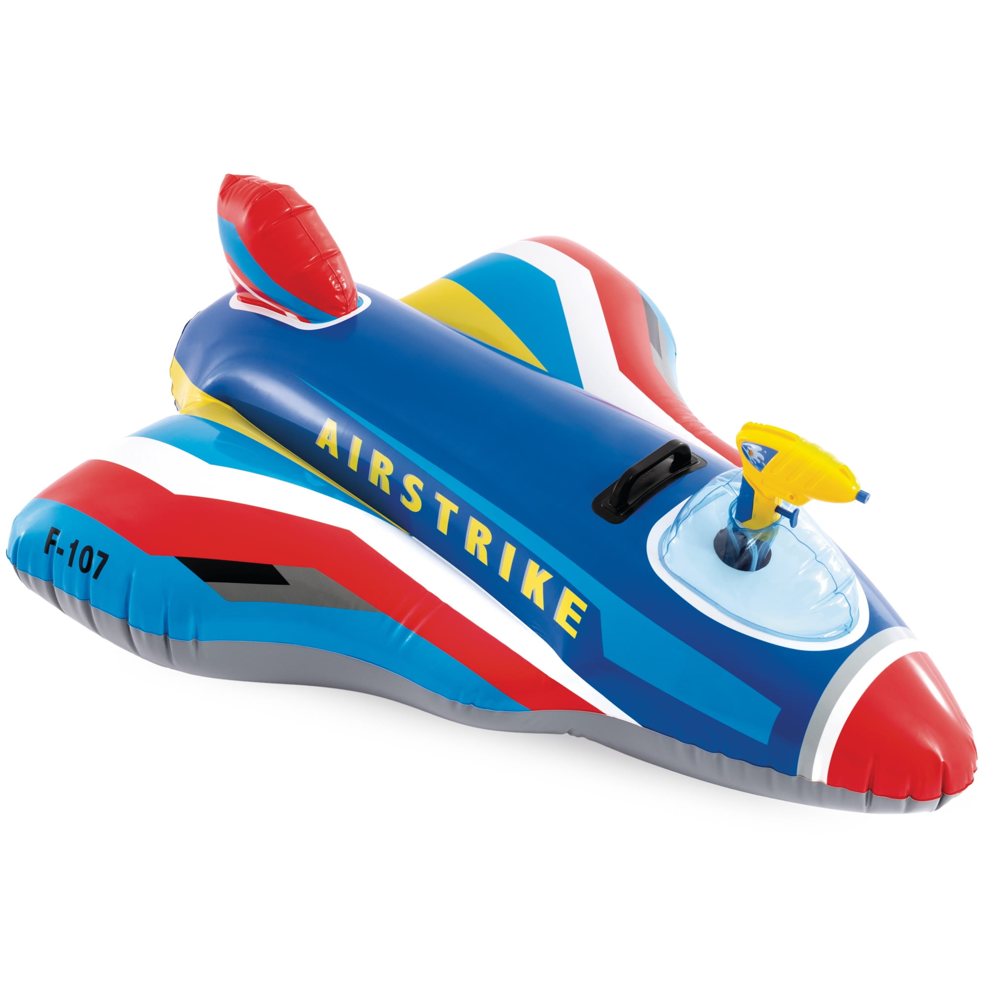 Intex: Jet Fighter Plane Pool Float - Assorted Color, Red OR Blue - Inflatable Ride-On, Attached Water Blaster, Pool & Water Play, 88lb Cap, Kids 3+