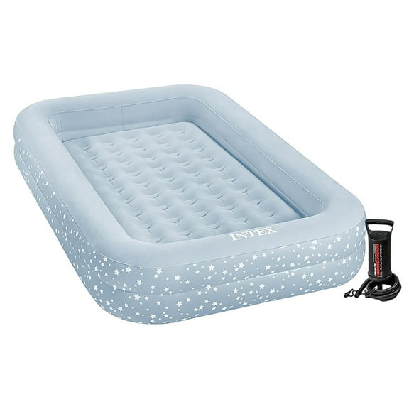 Intex: Kidz Travel Bed Set - Blue & White Stars - Inflatable Air Mattress, Raised Sides, 42 x 66 x 10", Hand Pump & Carry Bag, 50lb Limit, Kid Age 3+