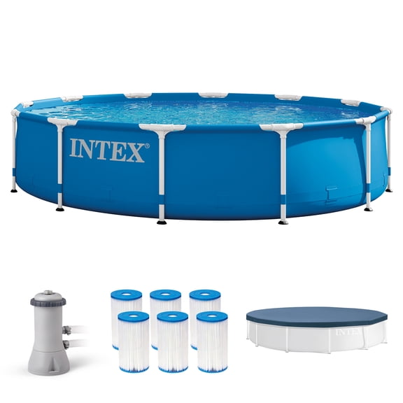 Intex Metal Above Ground Pool w/ Pump, Filter Cartridge 6 Pack, and Cover
