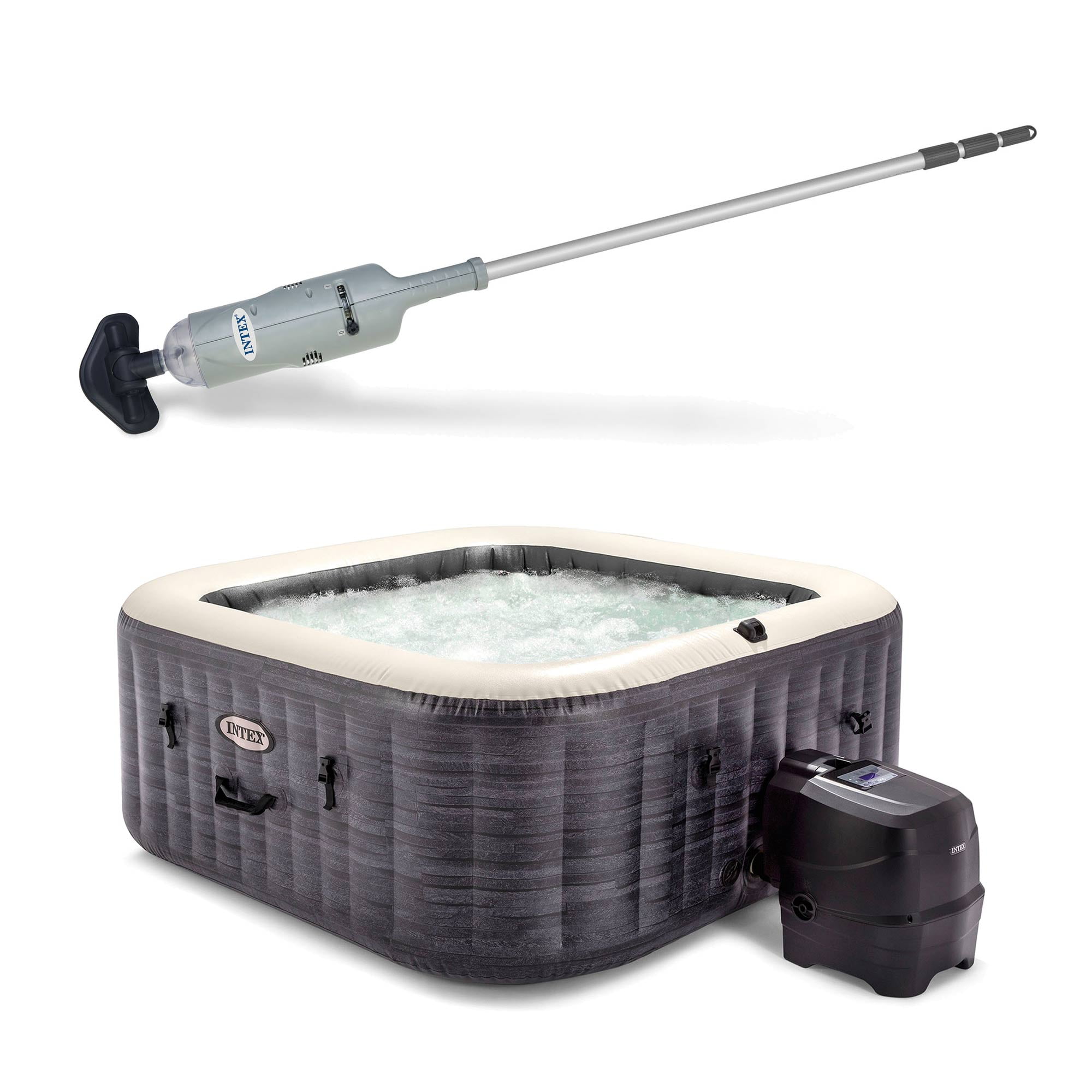 Intex Pool Vacuum with PureSpa Plus 4 Person Inflatable Hot Tub, Greystone