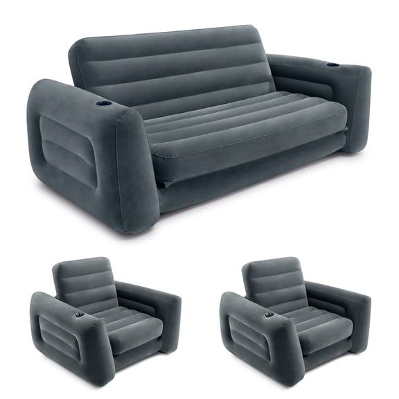 Intex Queen Size Inflatable Pull-Out Sofa Bed Couch and Chair Sleeper, Dark Gray