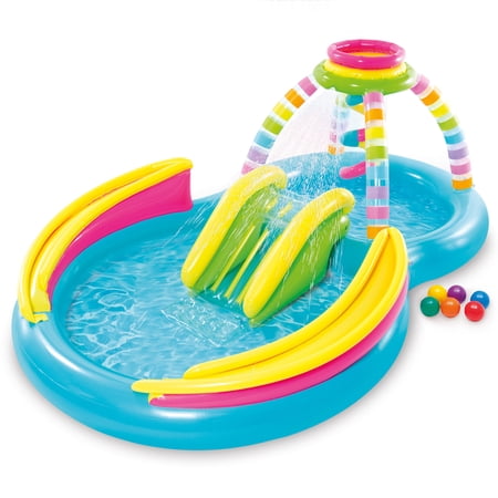 Intex: Rainbow Funnel Inflatable Play Center - Kids Waterslide Playground, Colorful Water Sprayer, Slide & Wade Pool, 9'8" x 6'3", Water Activity Center, Ages 2+