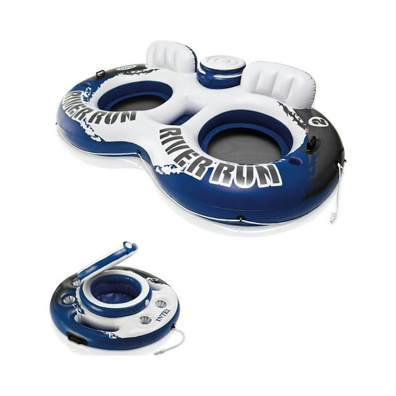 Intex River Run II Inflatable 2 Person Pool Tube Float & Beverage Cooler Holder