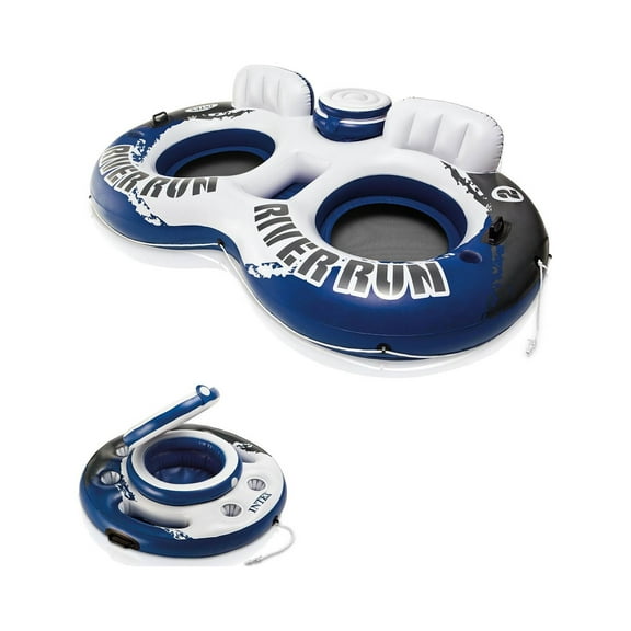 Intex River Run II Inflatable 2 Person Pool Tube Float & Beverage Cooler Holder