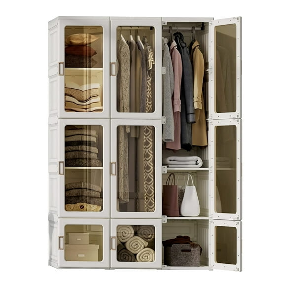 Intexca Foldable Wardrobe Organizer with Magnetic Doors & Hangers - 9 Clear Doors (2 Hangers)