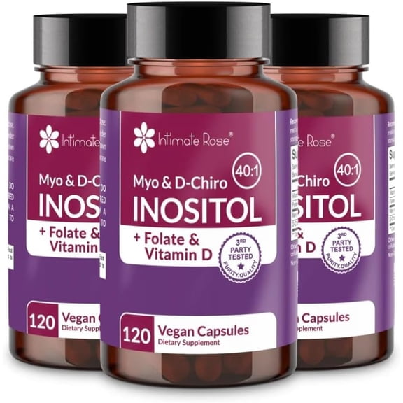Intimate Rose Myo-Inositol & D-Chiro Inositol Supplement with Folate and Vitamin D - Support Hormonal Balance, Regular Cycles and Ovarian Health - 30-Day Supply - 40:1 Ratio Capsules (Pack of 3)
