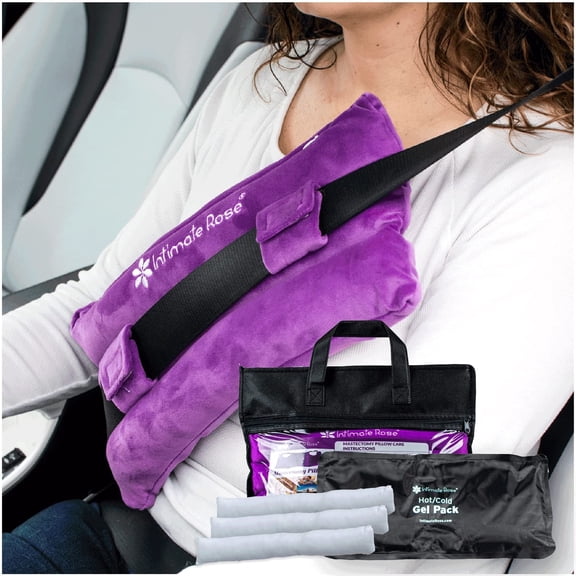 Intimate Rose Mastectomy Seatbelt Pillow with Memory Foam, Adjustable Strap and Machine-Washable Cover, Post-Surgery Recovery Support, Purple, 15 x 8 in