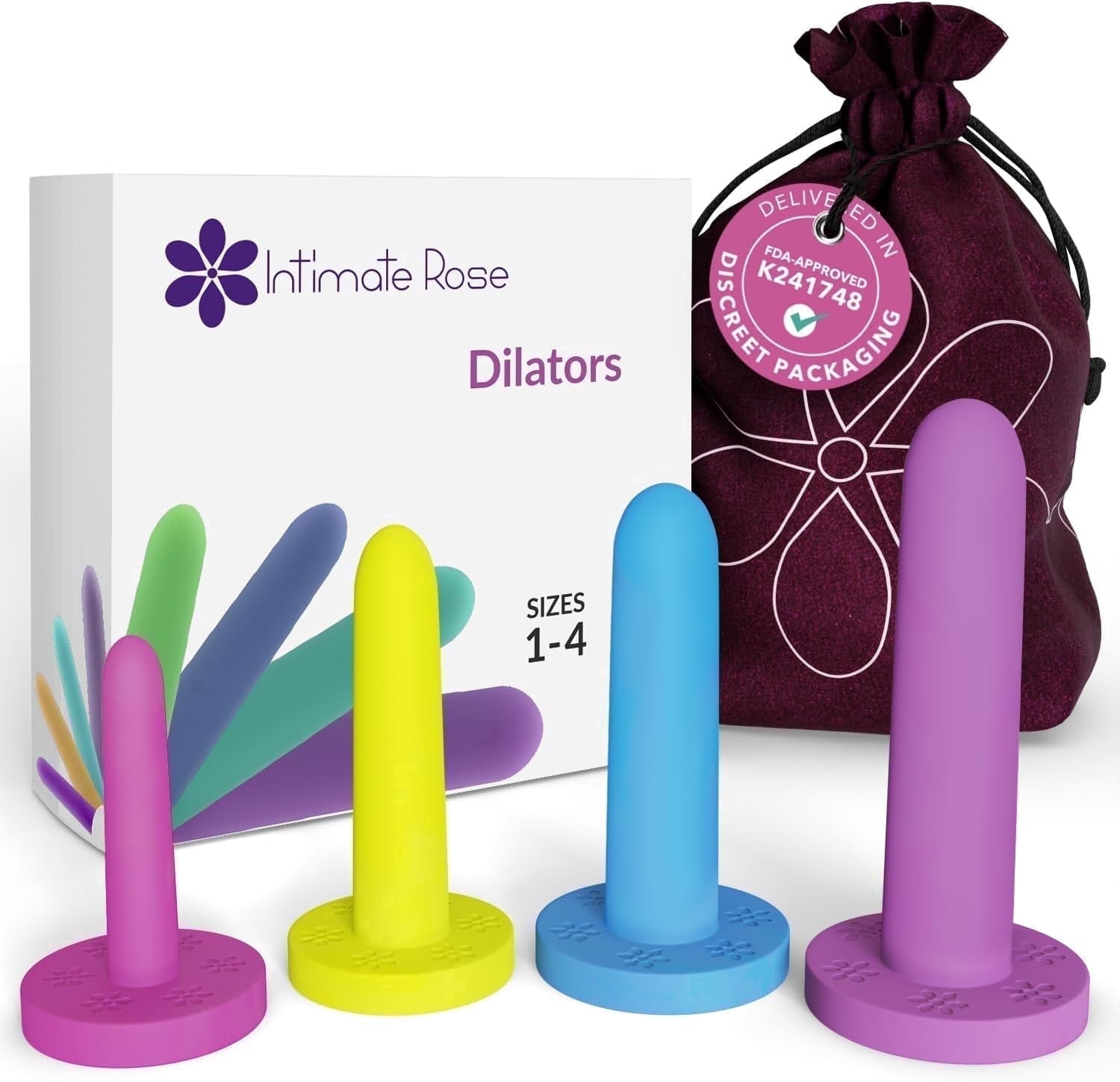 Intimate Rose Silicone Vaginal Dilators for Pelvic Floor Therapy, FDA-Cleared 510(k), Small 4-Pack Sizes 1-4 with Tutorials