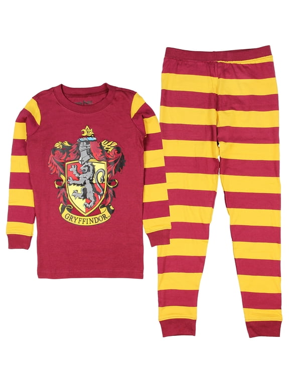 Harry Potter Kids Hogwarts Houses Crest Tight Fit 2 PC Long Sleeve Pajama Set - Hufflepuff Gryffindor Slytherin Ravenclaw