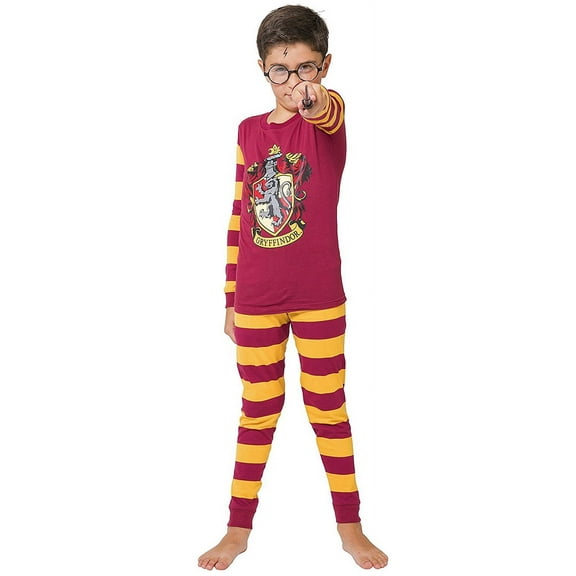 Harry Potter Kids Hogwarts Houses Crest Tight Fit 2 PC Long Sleeve Pajama Set - Hufflepuff Gryffindor Slytherin Ravenclaw