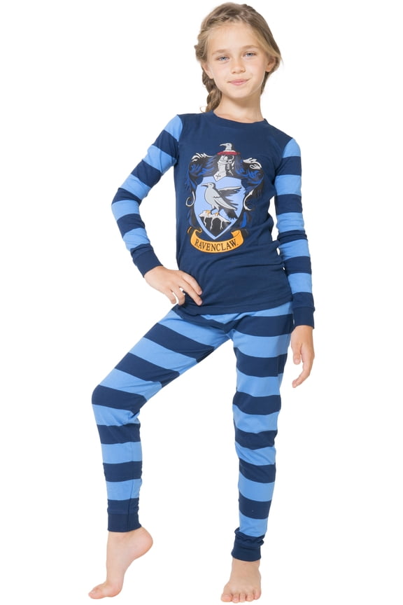 Harry Potter Kids Hogwarts Houses Crest Tight Fit 2 PC Long Sleeve Pajama Set - Hufflepuff Gryffindor Slytherin Ravenclaw